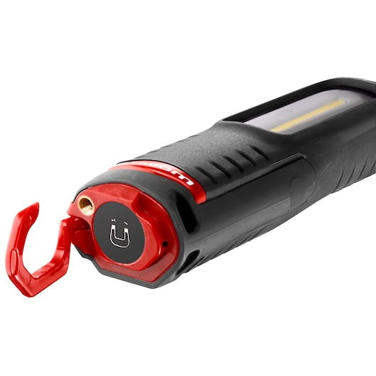 Facom 779.CLSPPB work light with black and red body, magnetic base, and hook, side angle on white background.