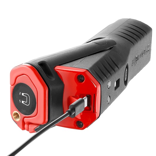 Facom 779.CLSPPB rechargeable inspection lamp in black and red, USB cable connected, side angle photo.