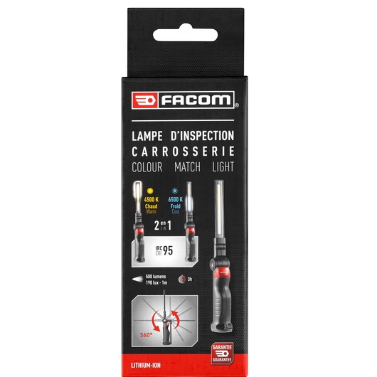 Facom 779.CMLPB inspection lamp packaging, black box with product photo, features 4500K and 6500K color modes, 500 lumens, lithium-ion battery.