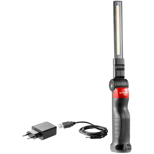 A Facom brand rechargeable LED inspection lamp with a long, adjustable light head and ergonomic handle, placed next to a USB charging cable and adapter.