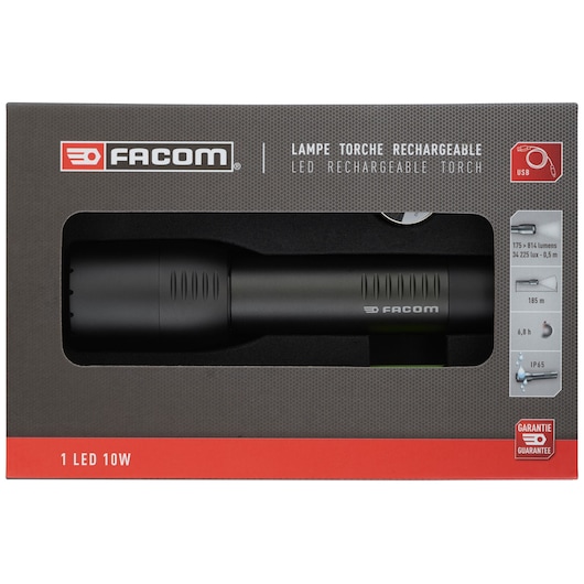 Photo of Facom 779.CRTPB LED rechargeable torch in black, shown in retail packaging with feature icons, front angle.