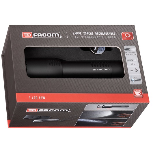 Photo of Facom LED rechargeable torch 779.CRTPB in black, boxed packaging, USB charging, 1 LED 10W, front angle.