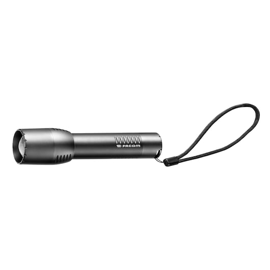 Facom 779_CRT black flashlight with wrist strap, side angle on white background.