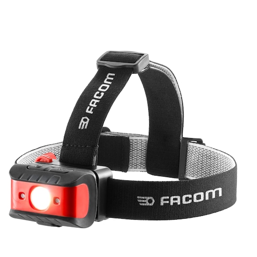 Facom 779_FRT3PB black and red LED headlamp with adjustable elastic strap, front product view on white background.