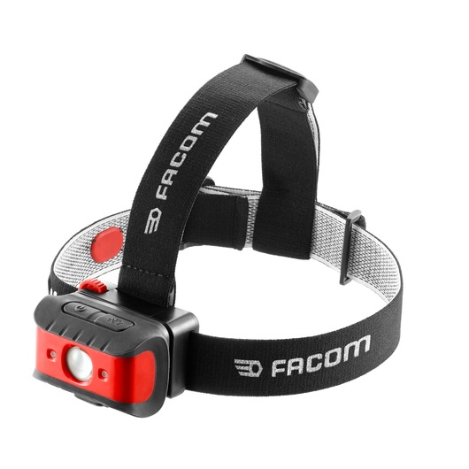 Facom 779_FRT3PB headlamp, black and red, with adjustable elastic strap, side angle, white background.