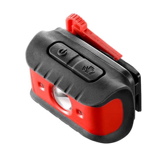 Facom 779_FRT3PB compact red and black LED work light, top angle with visible power and hand buttons.