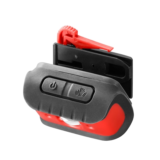 Facom 779_FRT3PB compact LED work light with black and red plastic body, power button, and clip, front angle.