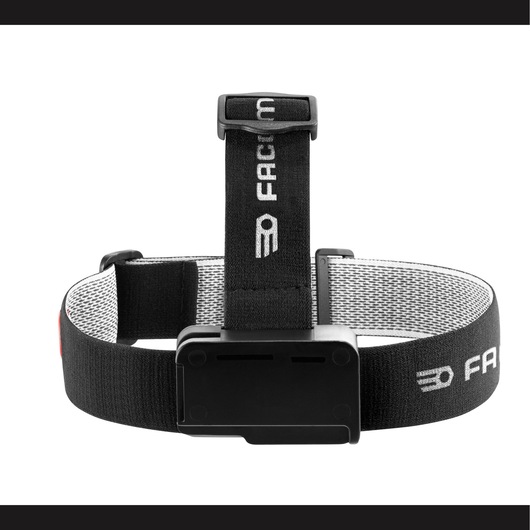 Photo of Facom 779_FRT3PB black and white adjustable headlamp strap, front angle, with Facom logo on elastic band.