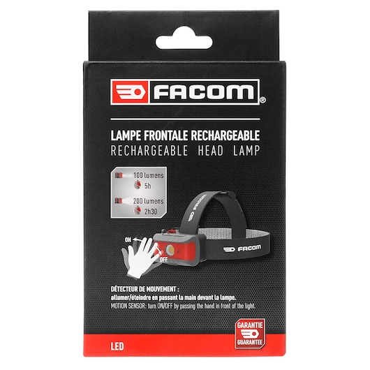 Facom LED rechargeable head lamp 779_FRT3PB_P1 in packaging, front view, showing lamp features and brand.