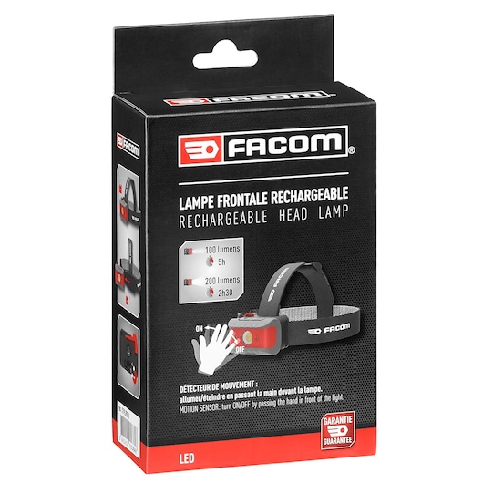 Photo of Facom LED rechargeable head lamp in black and red packaging, showing product image and main features, LED_HEAD_LAMP.