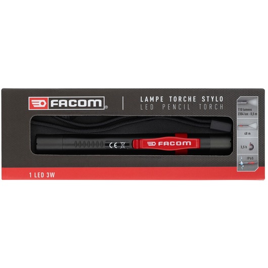 Facom 779.PBTPB LED pencil torch in black and red, packaged in branded box, front angle, product features visible.
