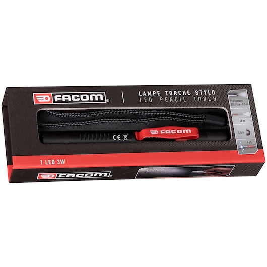 Facom LED pencil torch 779.PBTPB in black and red, shown in retail packaging, photography with front angle.