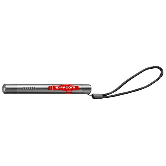 Facom 779_PBT penlight, grey body with red clip and wrist strap, side angle on white background.