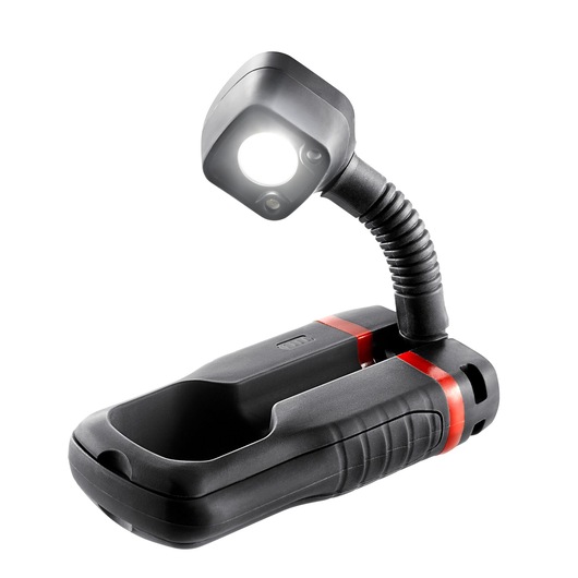 Facom 779_PCBPB flexible LED work light, black and red, shown from side on white background.