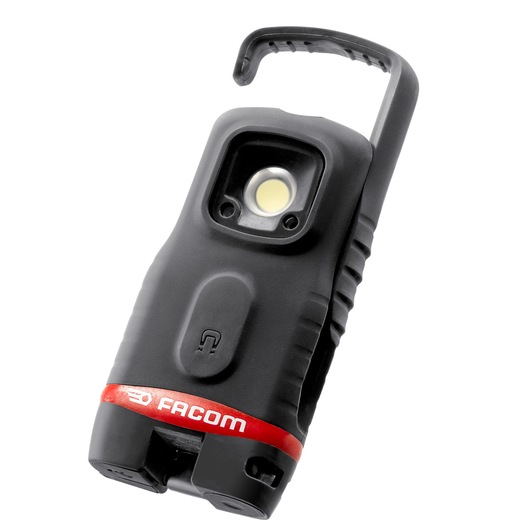 Photo of Facom 779_PCBPB compact black LED work light with hook, front angle, on white background.