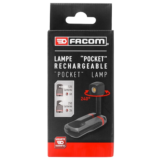 Facom rechargeable pocket lamp POCKET_LIGHT, 240-degree adjustable head, black and red, front packaging view.