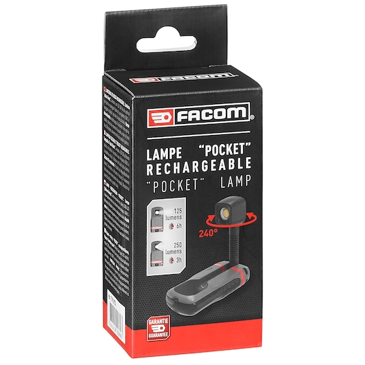 Photo of Facom POCKET_LIGHT rechargeable pocket lamp 779_PCBPB_P2 packaging, black and red box, product shown on front.