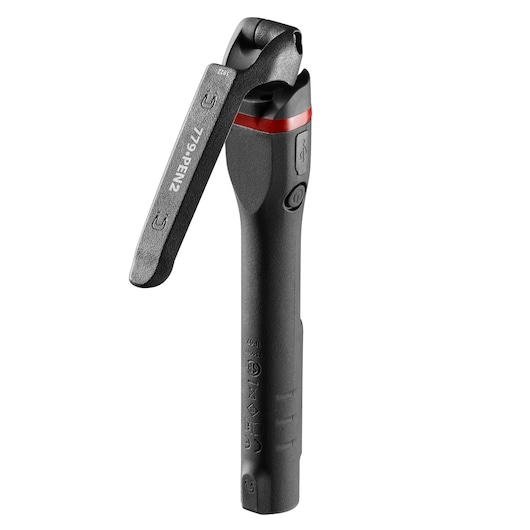 Facom 779_PEN2PB compact black plastic digital tire pressure gauge with red accent, angled on white background.