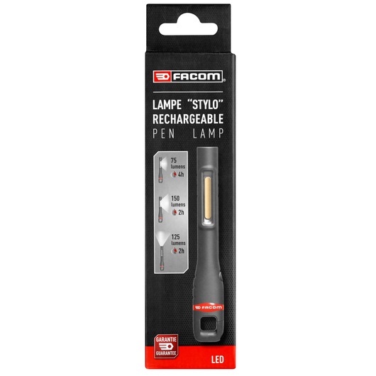 Photo of Facom 779_PEN2PB rechargeable pen lamp in black packaging, LED light, front angle.