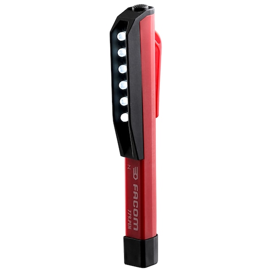 Facom 779.PENPB red pen-shaped LED inspection light, front angle, with pocket clip.