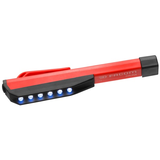 Facom 779.PENPB red and black pen-style LED inspection light, side angle, white background.