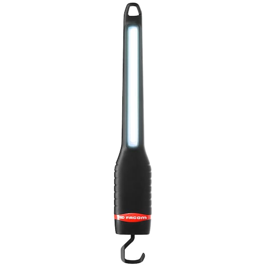 Photo of Facom 779.SILR2PB LED work light, black handle with red Facom logo, integrated hanging hook, front angle.