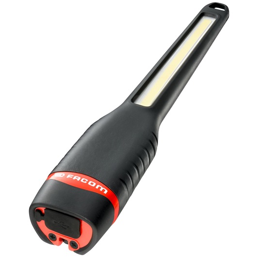 Photo of Facom 779.SILR2PB slim black and red LED work light, angled view on white background.