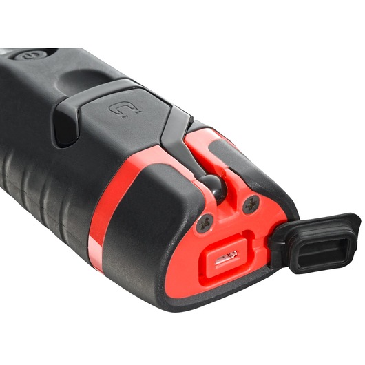 Facom 779.SILR2PB rechargeable flashlight close-up view showing USB charging port and black-red casing.