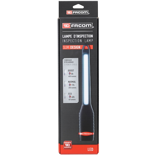Facom 779.SILR2PB inspection lamp box, black and red, slim LED design, front angle, power levels info shown.