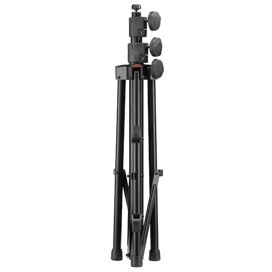 Facom 779_TRIPOD black photography tripod, folded, front angle on white background.