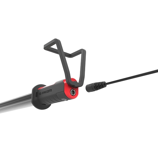 Facom 779_UHPB work light with red and black end, hanging hook, and power cord, side angle on white background.