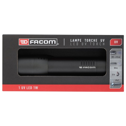 Photo of Facom 779.UVTPB LED UV torch in black, shown in packaging with product features and branding visible.