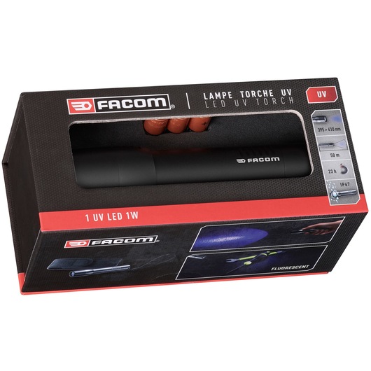 Facom 779.UVTPB UV LED torch in black, packaged in branded box with product window, batteries included.