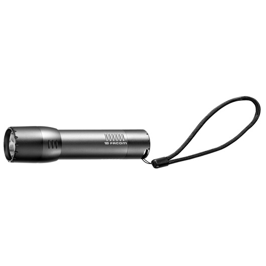 Facom 779UVT black flashlight with wrist strap, side view on white background.