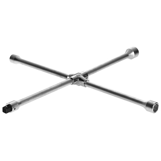 Facom 77APL1 wheel wrench photography, silver cross-shaped tool with four different socket sizes, angled view.