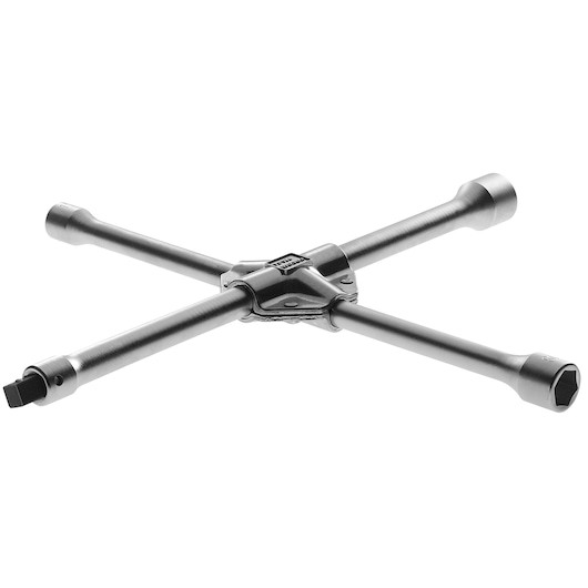 Facom 77ATO chrome-plated four-way lug wrench, automotive tool, angled view, white background.