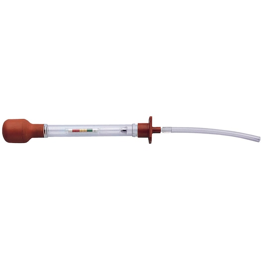 Facom 784B battery hydrometer with clear body, orange rubber bulb and hose, side view on white background.