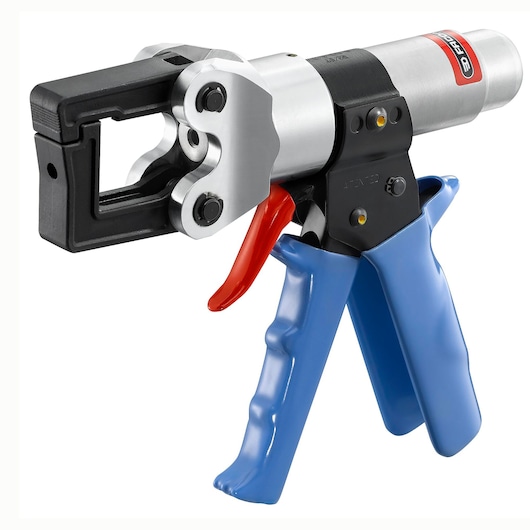 Photo of Facom 789_5 manual crimping tool with blue handles, red trigger, and a metal jaw, angled on white background.