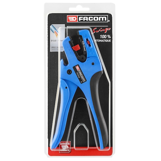 Photo of Facom 793936PB automatic wire stripper in blue and black, packaged in retail blister pack, front angle.