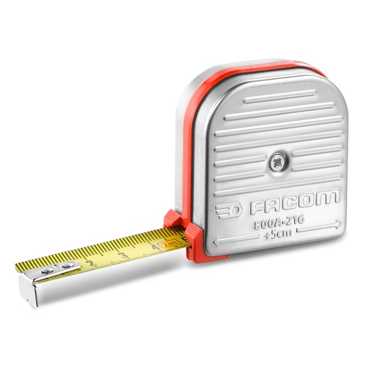 Facom 800A_216 metal tape measure with yellow blade, front angle, photography.