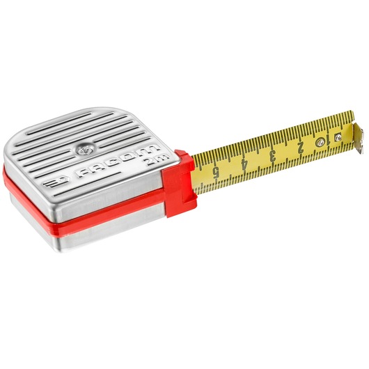 Facom 800A_216 tape measure with silver and red casing, yellow measuring tape, front angle, photography.