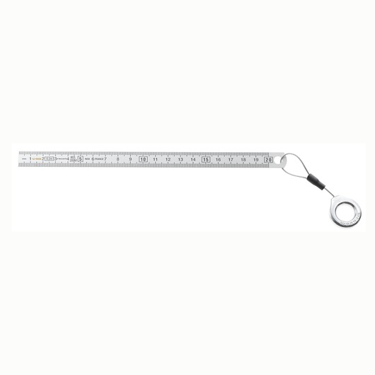 Facom 803_200MSLS stainless steel ruler with lanyard, 20 cm, top view on white background.