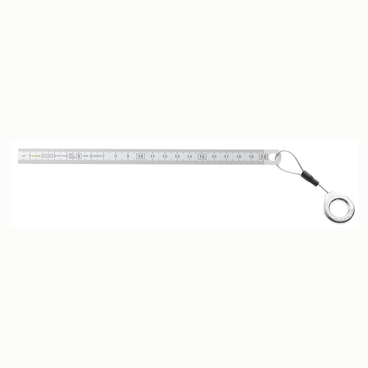 Facom 803_300MSLS stainless steel ruler with lanyard and ring, top view, product photography.
