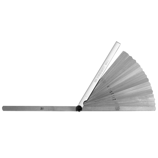 Facom 804L feeler gauge set in a fanned open position, silver blades and handle, product photo, white background.