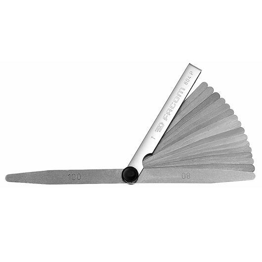 Facom 804P steel feeler gauge photography, fanned open, white background, measurement markings visible.