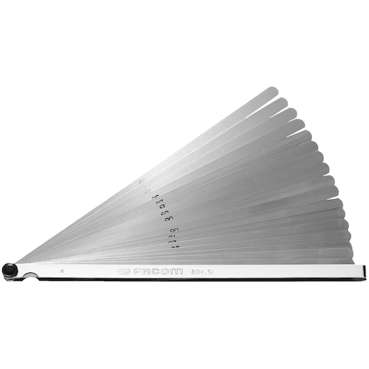Facom 804SL feeler gauge set with multiple stainless steel blades fanned out, side view on white background.