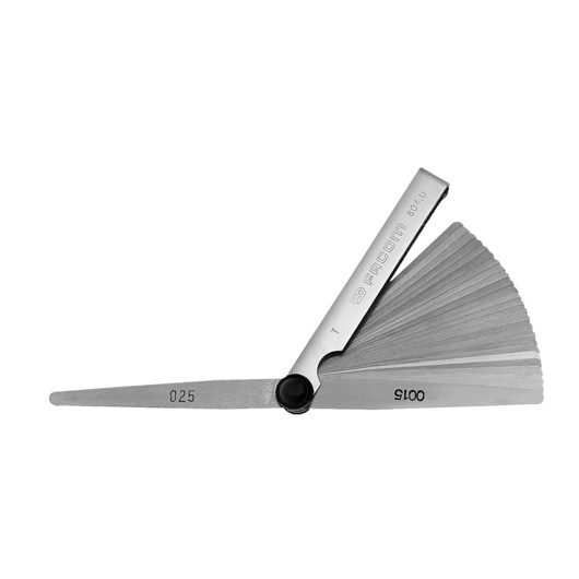 Facom 804U feeler gauge set with multiple metal blades fanned out, side view on white background.