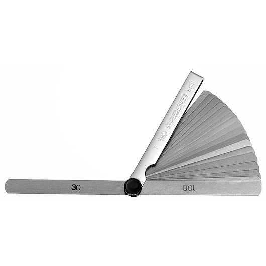 Facom 804 stainless steel feeler gauge photography, fanned out on white background.