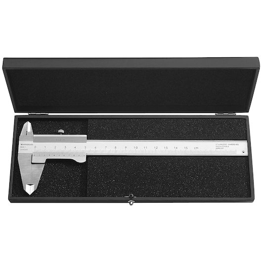 A stainless steel vernier caliper placed in a black foam-lined protective case with the lid open.