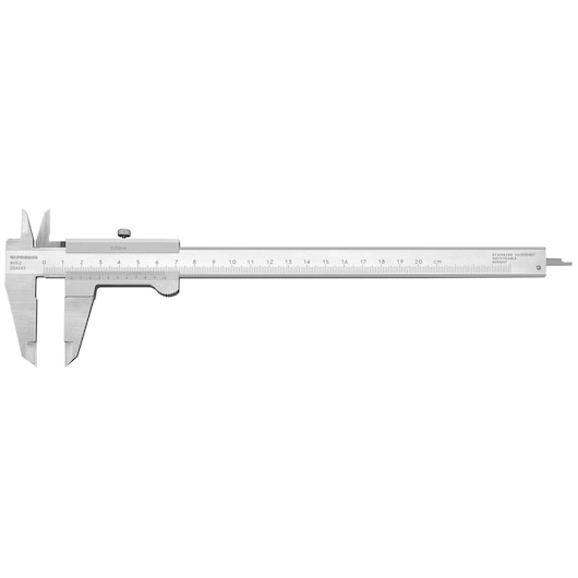 Facom 805_2 stainless steel vernier caliper, side view, with metric scale and fine adjustment wheel.